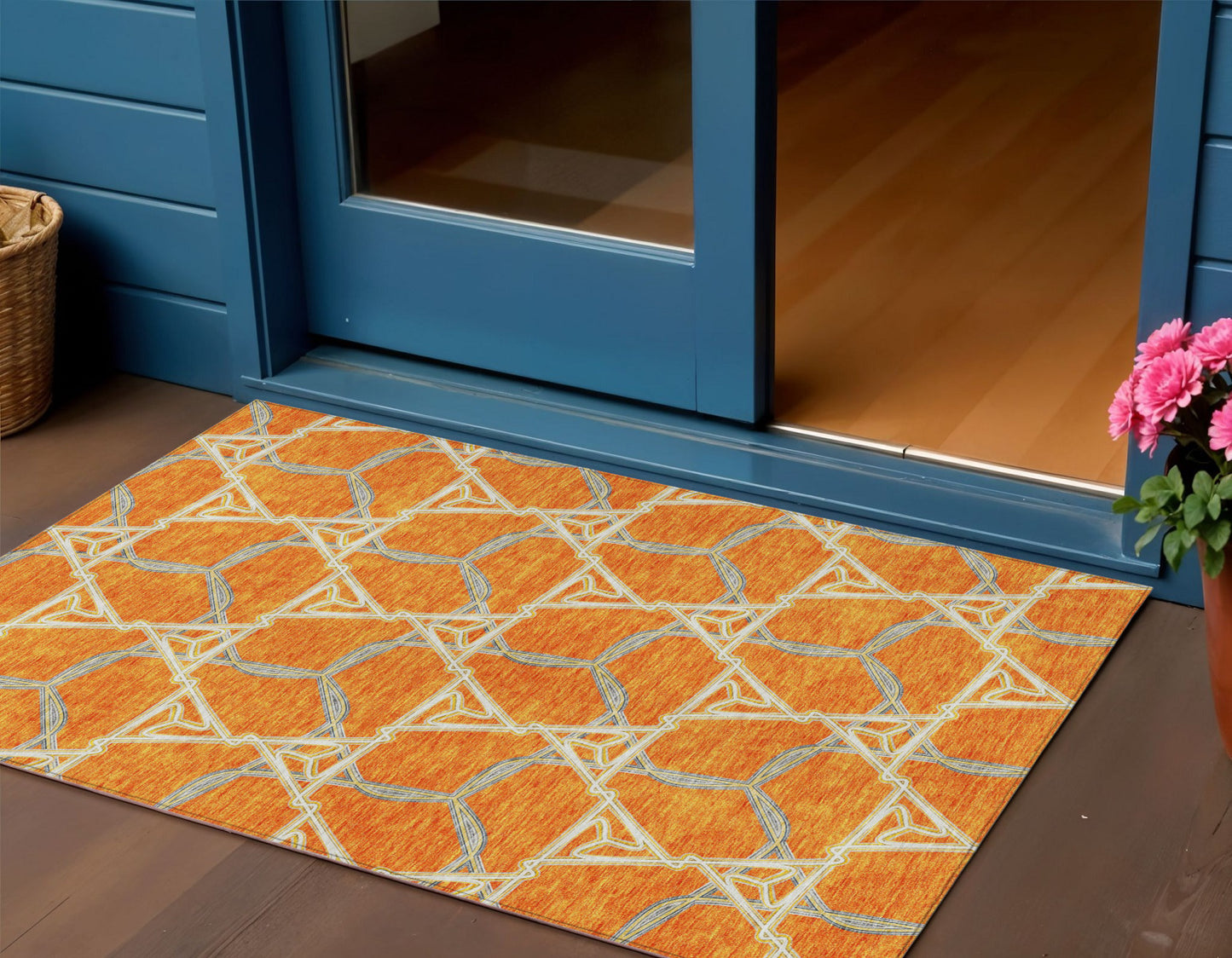 5' X 8' Orange And Blue Geometric Washable Indoor Outdoor Area Rug-0
