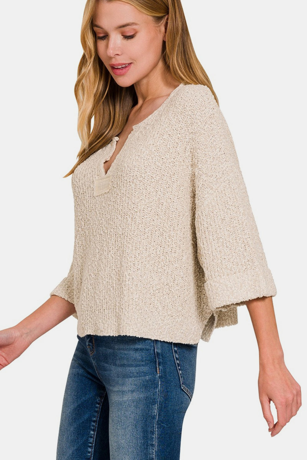 Zenana Notched Side Slit Patch Sweater-1
