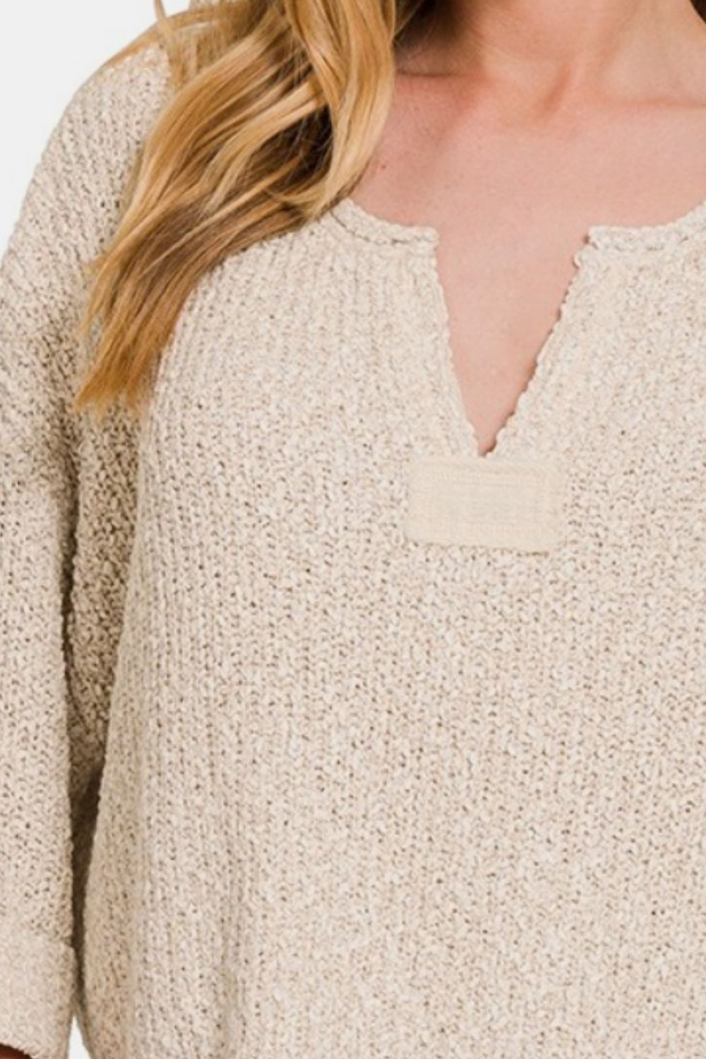 Zenana Notched Side Slit Patch Sweater-2