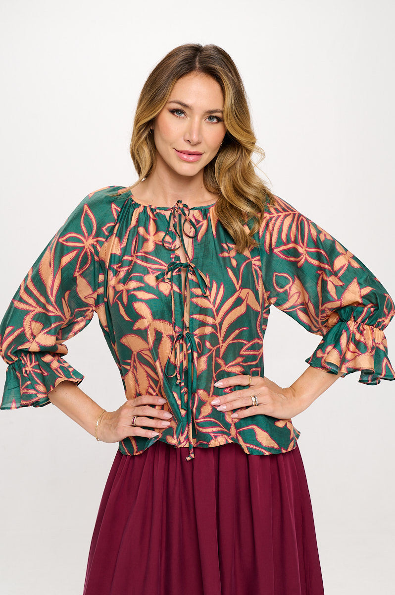 Print Round neck Top with Front Tie Detail.