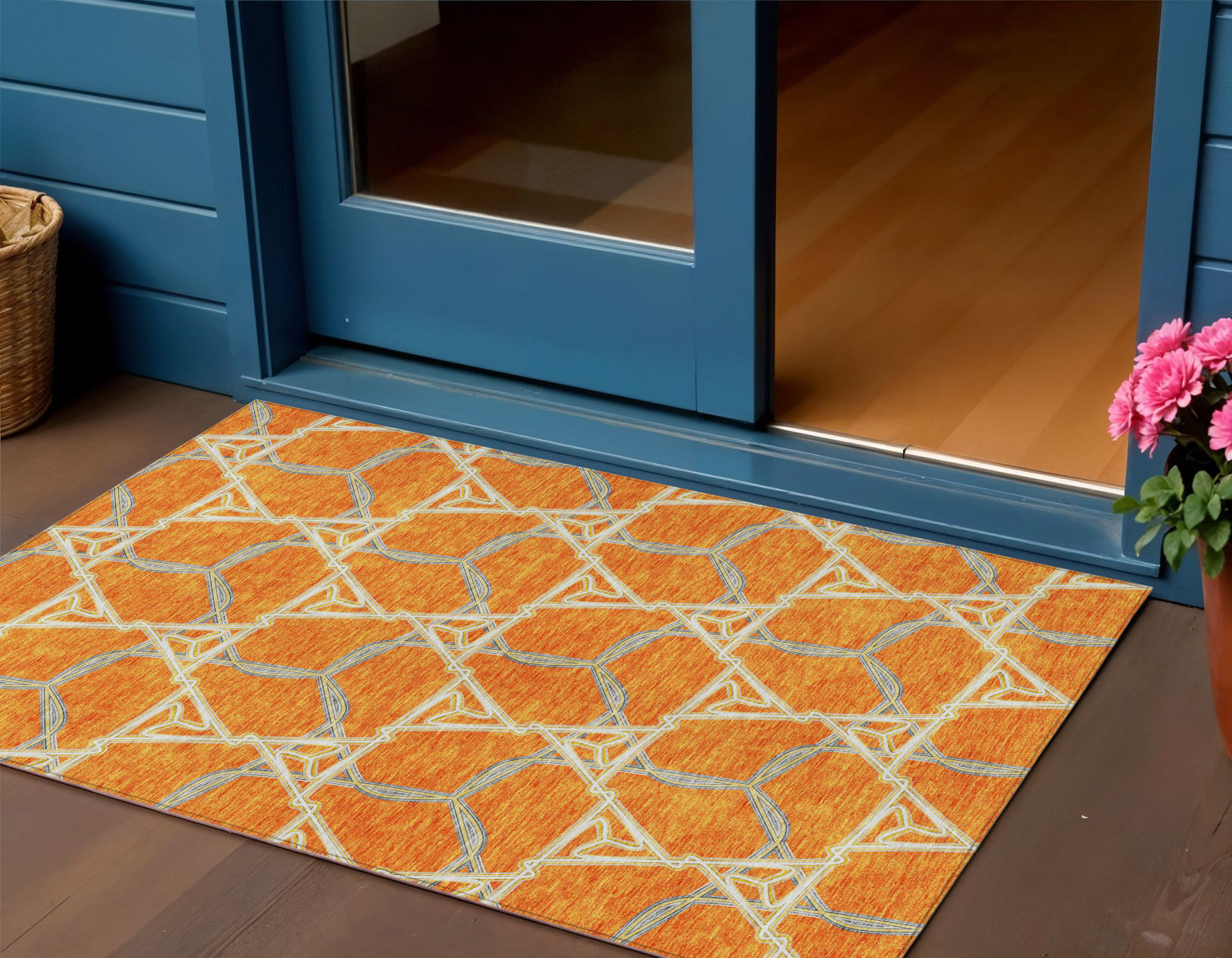 5' X 8' Orange And Blue Geometric Washable Indoor Outdoor Area Rug-0