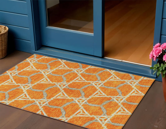 5' X 8' Orange And Blue Geometric Washable Indoor Outdoor Area Rug-0