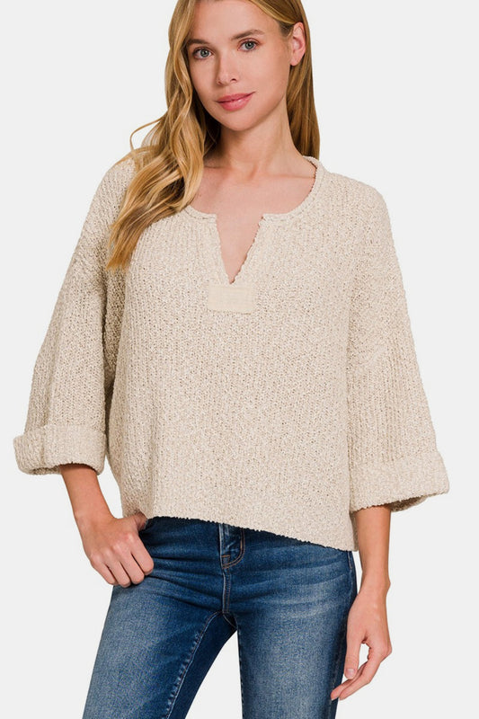 Zenana Notched Side Slit Patch Sweater-0